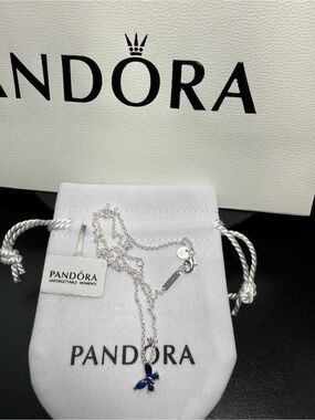 Pandora S925 Blue Crystal Butterfly Necklace Dainty Silver Chain Gift Ready